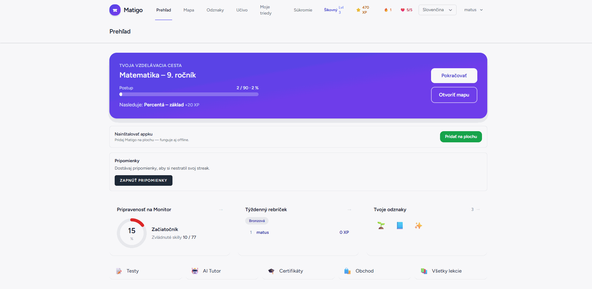 Prehľad (dashboard) žiaka v aplikácii Matigo