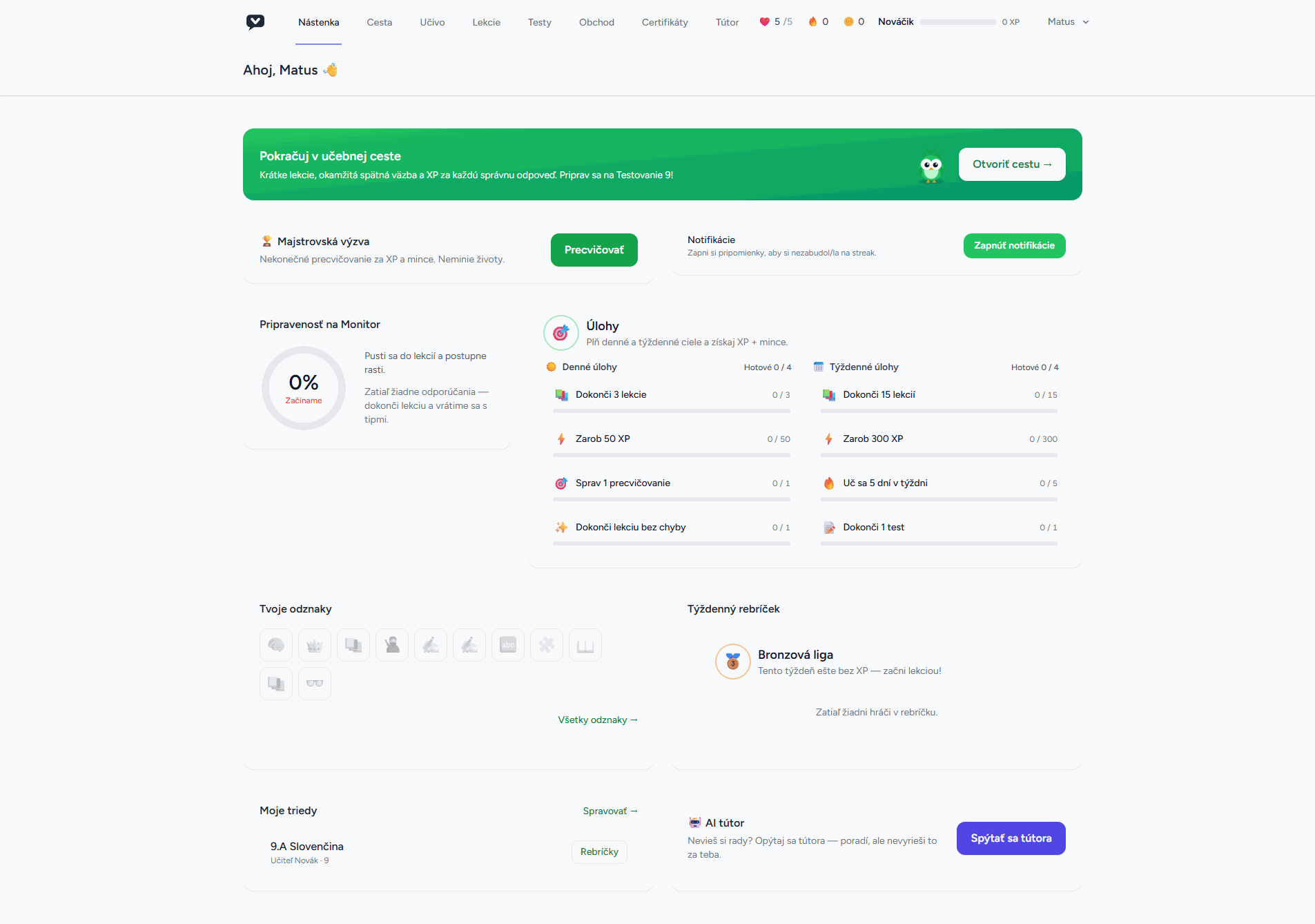 Nástenka (dashboard) žiaka v aplikácii Slovio